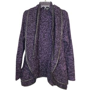Sioni Purple Black Boucle Knit‎ Waterfall Cardigan Sweater Faux Leather Trim